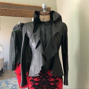 VALENTINO Lamb Leather Black Ruffle Moto Jacket
